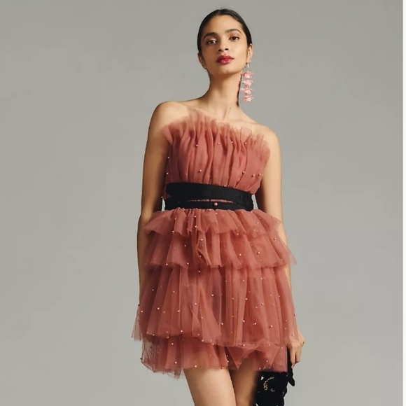 Maeve Dresses & Skirts - Anthropologie x Maeve Tiered Strapless Tulle Mini Dress in Baked Pink Size 8
